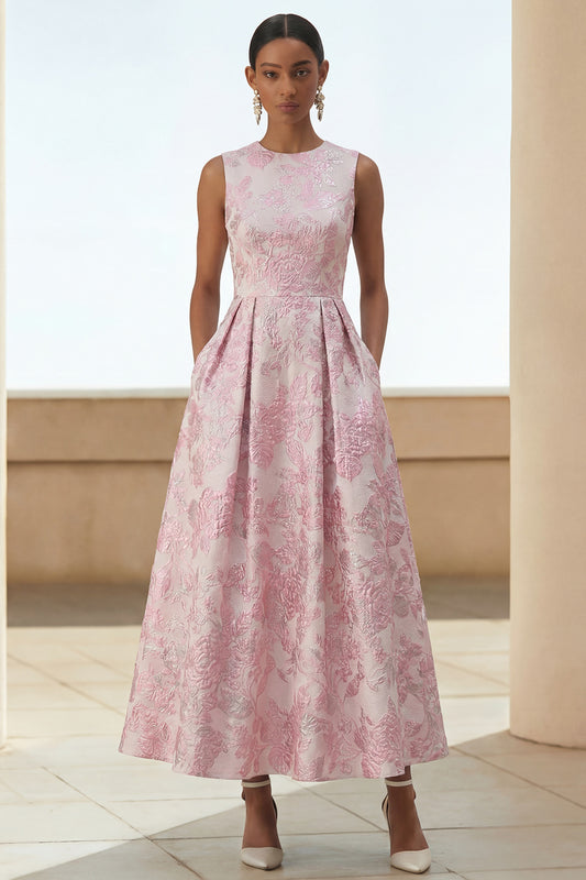 Ivory Pink Floral A Line Maxi Wedding Guest Dress with Pockets