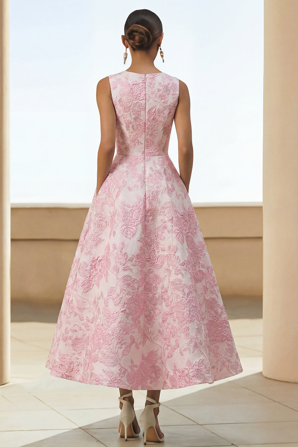 Ivory Pink Floral A Line Maxi Wedding Guest Dress with Pockets