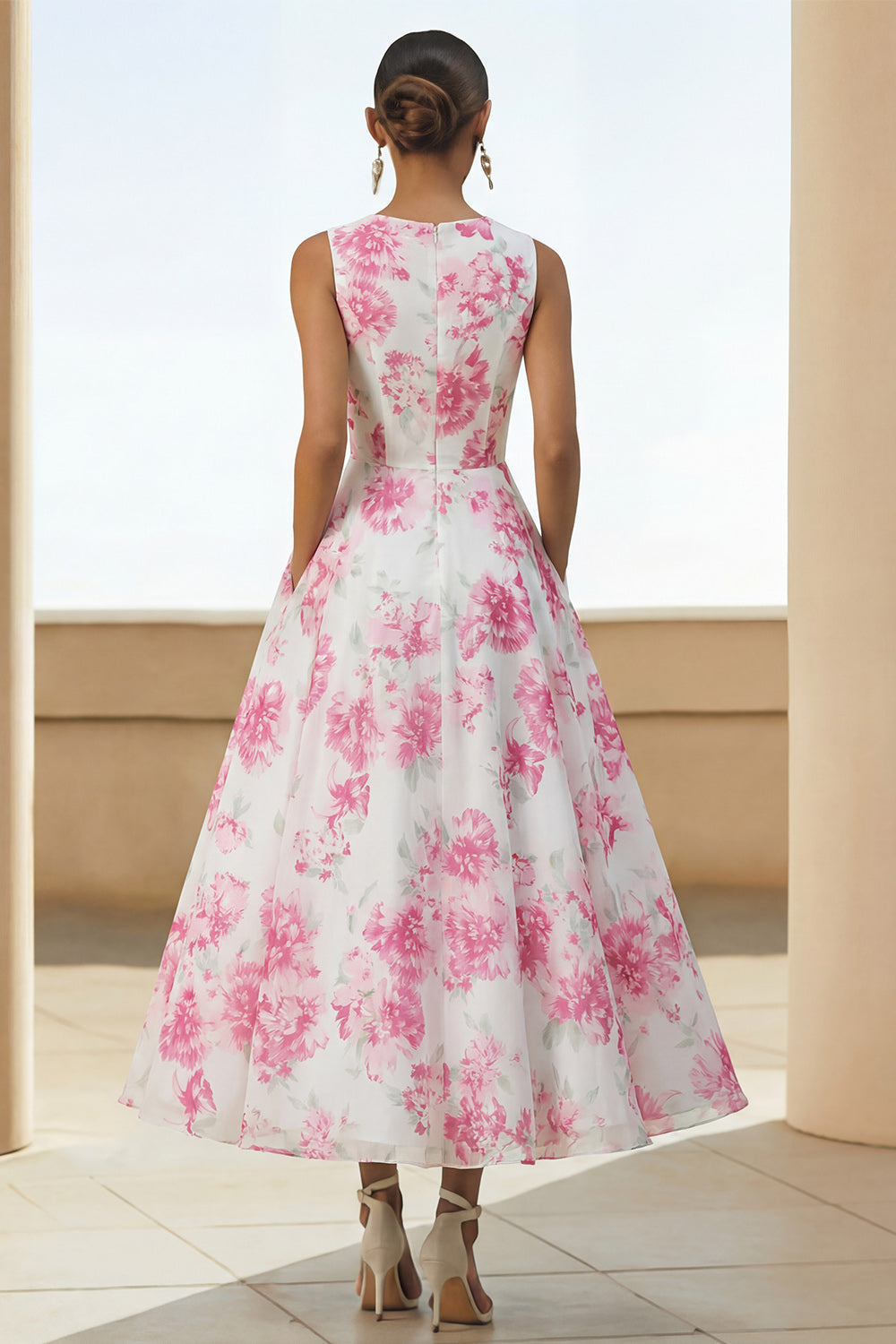 White Fuchsia Flower A Line Round Neck Maxi Wedding Guest Dress with Pockets
