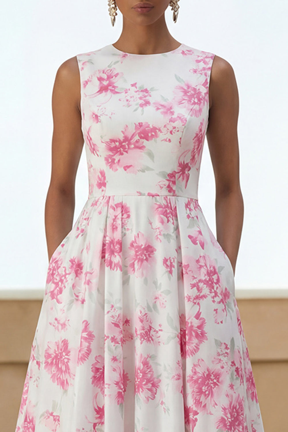 White Fuchsia Flower A Line Round Neck Maxi Wedding Guest Dress with Pockets