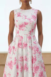 White Fuchsia Flower A Line Round Neck Maxi Wedding Guest Dress with Pockets
