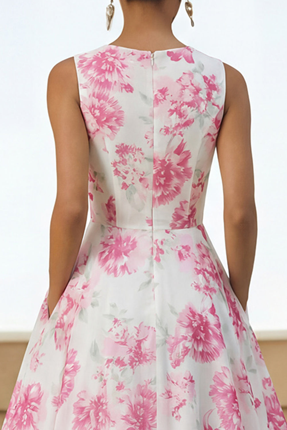 White Fuchsia Flower A Line Round Neck Maxi Wedding Guest Dress with Pockets