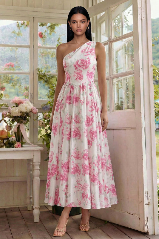 White Fuchsia Flower One Shoulder Long A Line Wedding Guest Dress