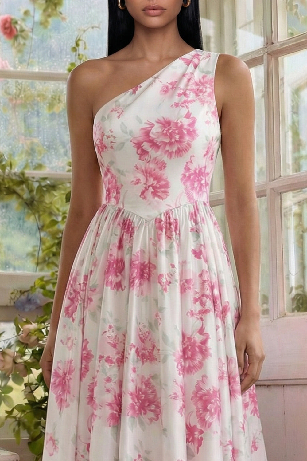 White Fuchsia Flower One Shoulder Long A Line Wedding Guest Dress