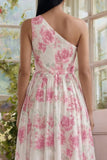 White Fuchsia Flower One Shoulder Long A Line Wedding Guest Dress