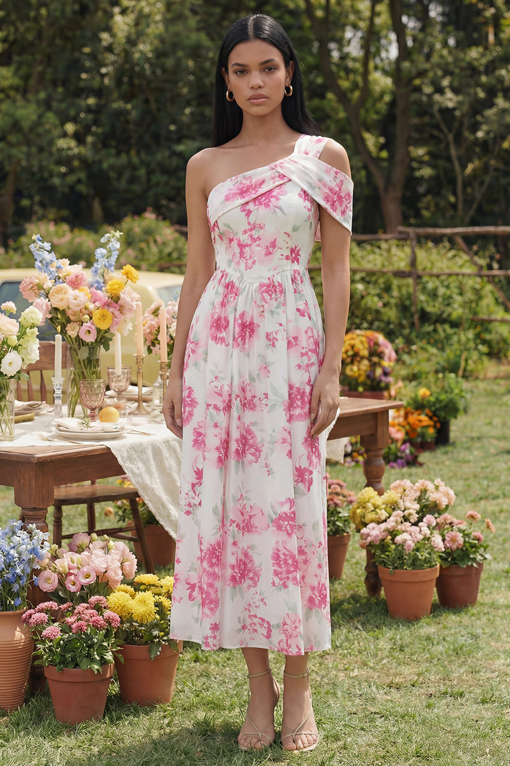 White Fuchsia One Shoulder A Line Floral Maxi Wedding Guest Dress