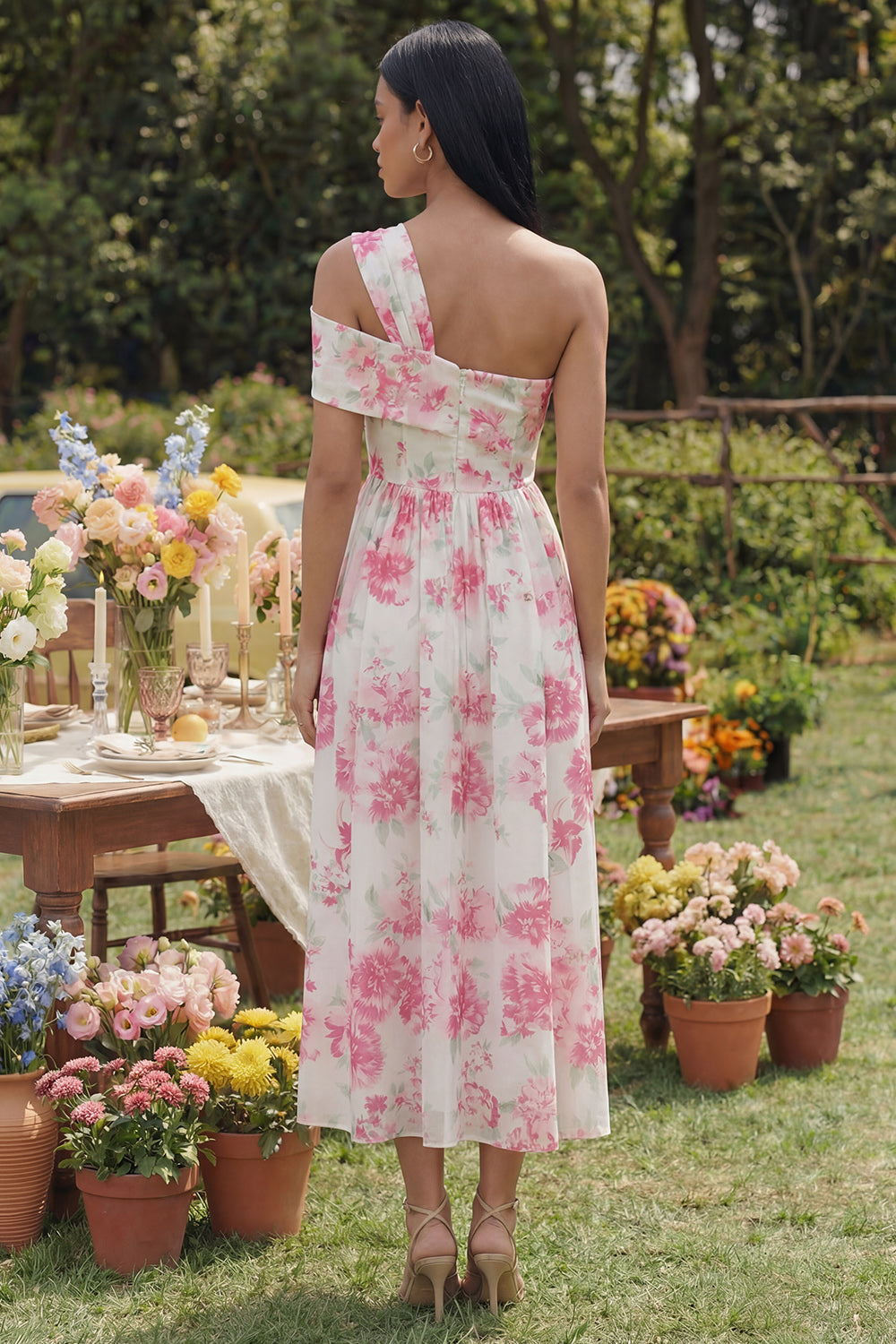 White Fuchsia One Shoulder A Line Floral Maxi Wedding Guest Dress