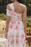 White Fuchsia One Shoulder A Line Floral Maxi Wedding Guest Dress