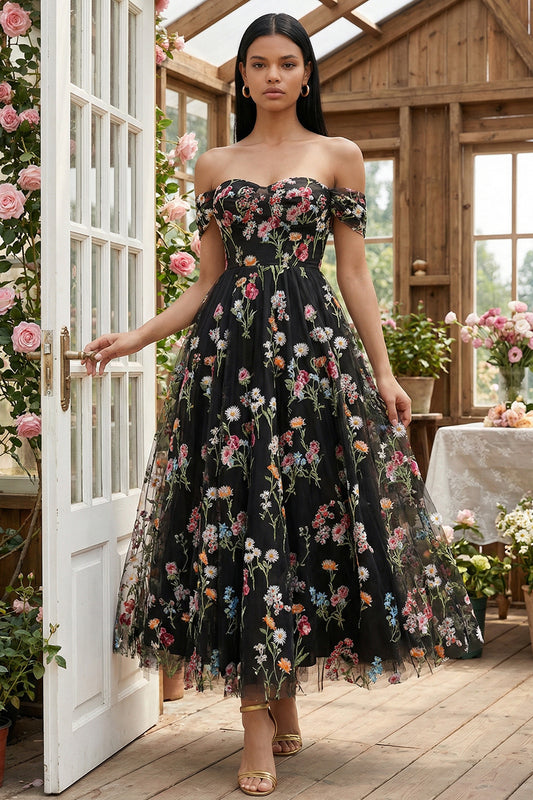 Black Floral Off the Shoulder A Line Maxi Wedding Guest Dress