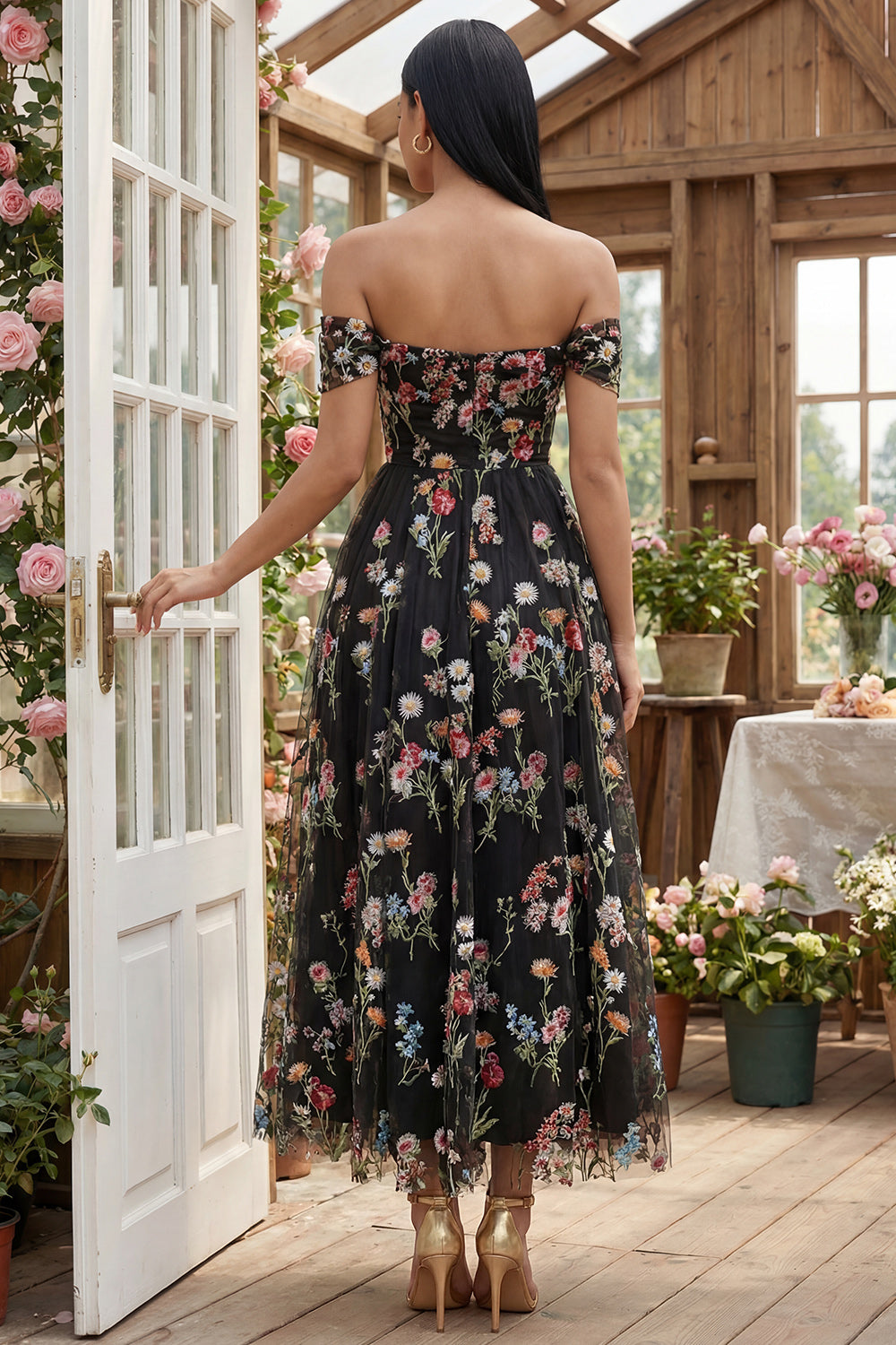 Zapakasa Women Black Floral Maxi Wedding Guest Dress Off the Shoulder