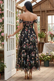 Black Floral Off the Shoulder A Line Maxi Wedding Guest Dress