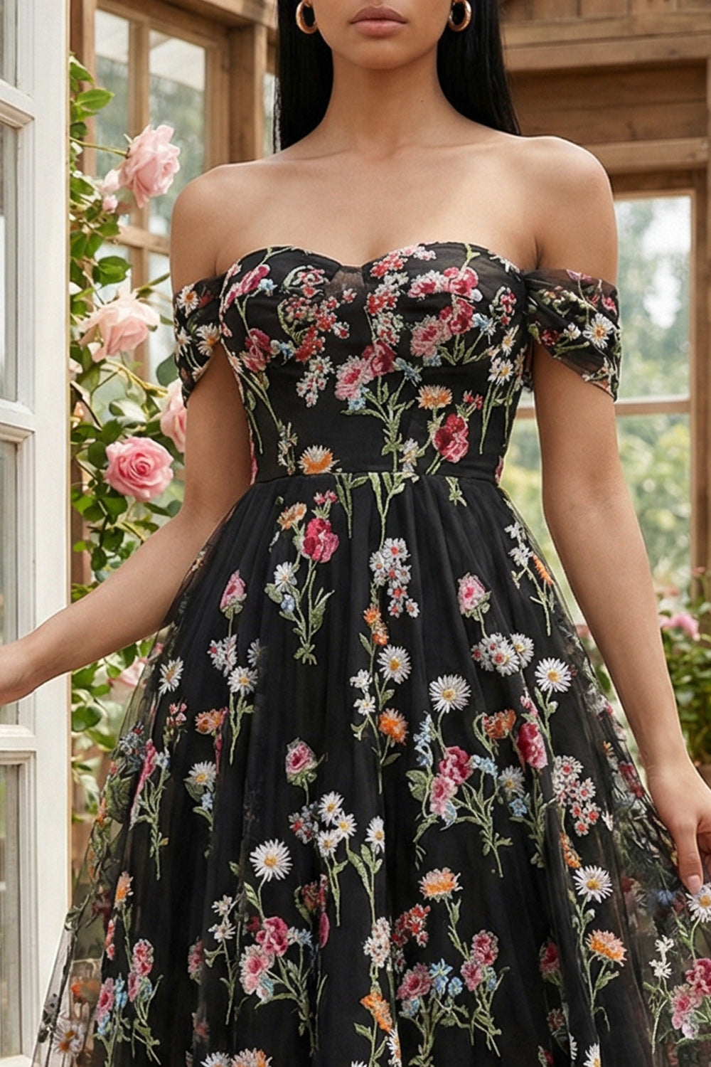 Zapakasa Women Black Floral Maxi Wedding Guest Dress Off the Shoulder