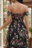 Black Floral Off the Shoulder A Line Maxi Wedding Guest Dress