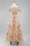 Black Floral Off the Shoulder A Line Maxi Wedding Guest Dress