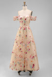 Black Floral Off the Shoulder A Line Maxi Wedding Guest Dress