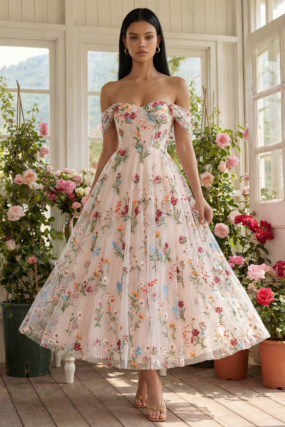 Black Floral Off the Shoulder A Line Maxi Wedding Guest Dress