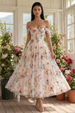 Black Floral Off the Shoulder A Line Maxi Wedding Guest Dress