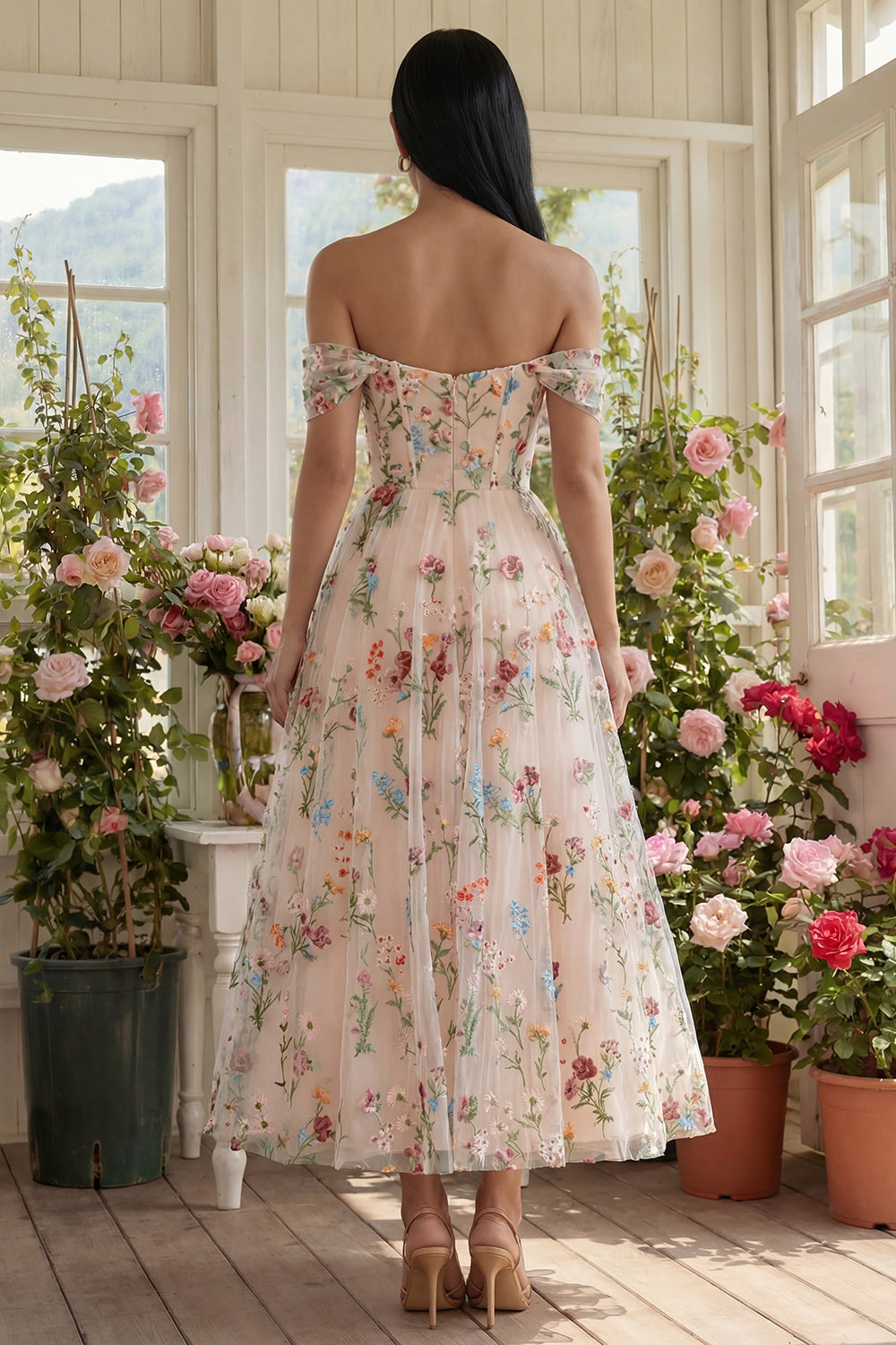 Black Floral Off the Shoulder A Line Maxi Wedding Guest Dress