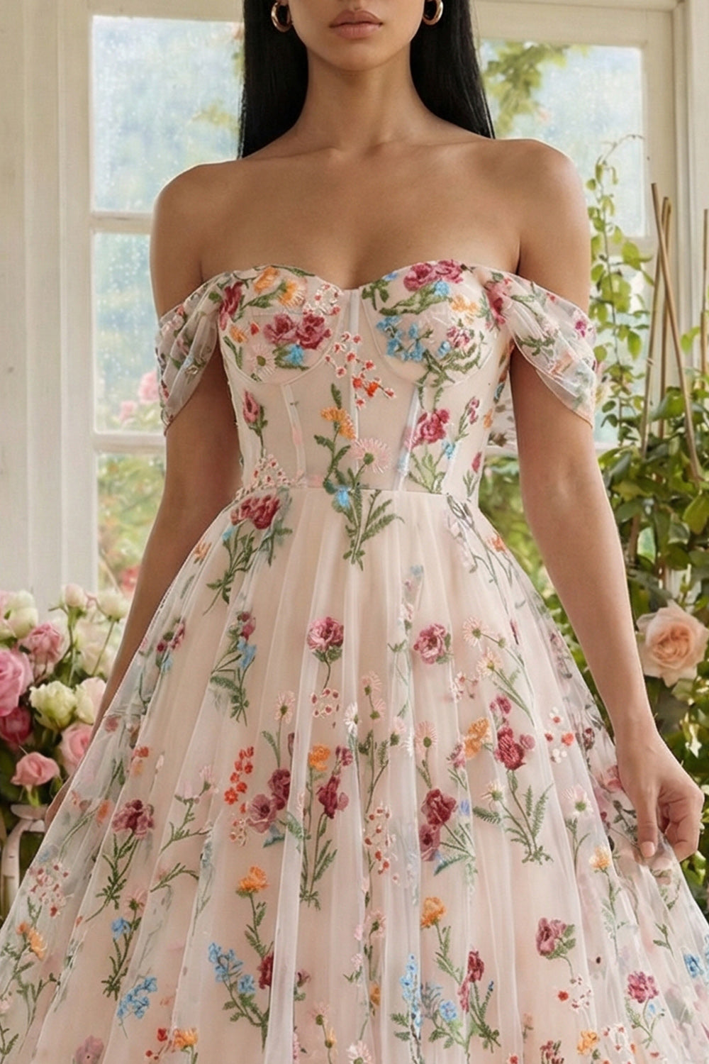 Black Floral Off the Shoulder A Line Maxi Wedding Guest Dress