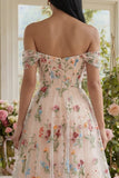 Black Floral Off the Shoulder A Line Maxi Wedding Guest Dress