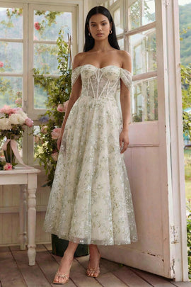 Off the Shoulder Light Green Floral Corset Long A Line Wedding Guest Dress