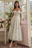 Off the Shoulder Light Green Floral Corset Long A Line Wedding Guest Dress