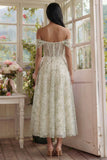 Off the Shoulder Light Green Floral Corset Long A Line Wedding Guest Dress