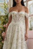 Off the Shoulder Light Green Floral Corset Long A Line Wedding Guest Dress