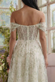 Off the Shoulder Light Green Floral Corset Long A Line Wedding Guest Dress