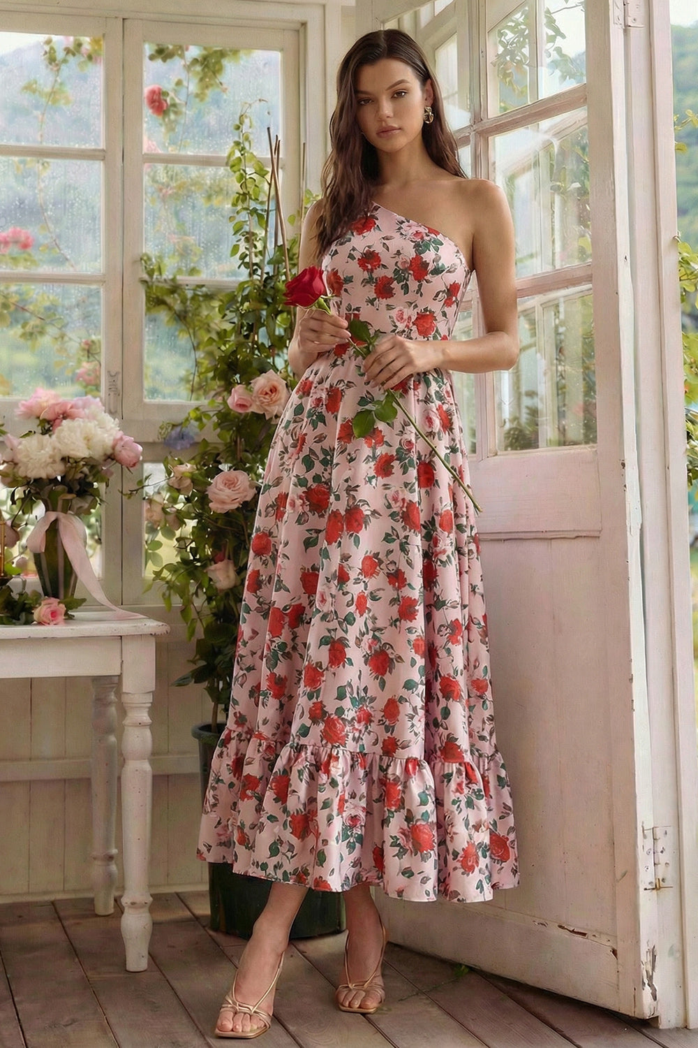 Pink Red Flower One Shoulder Long A Line Wedding Guest Dress