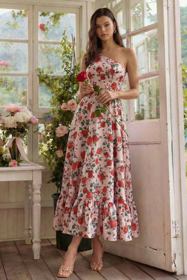 Pink Red Flower One Shoulder Long A Line Wedding Guest Dress