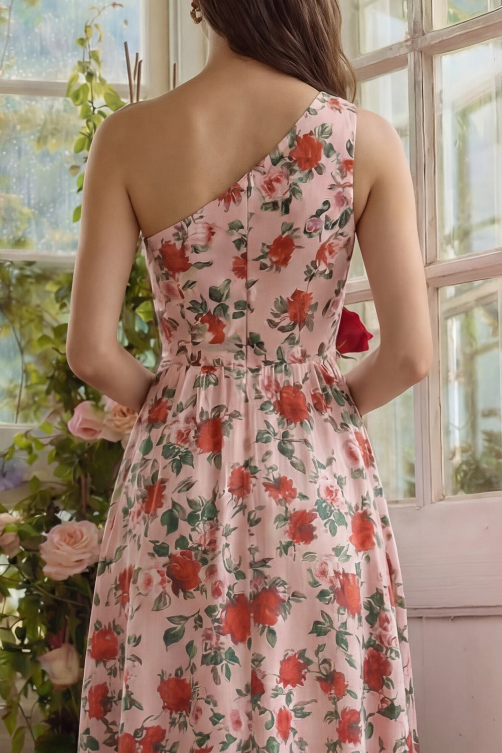 Pink Red Flower One Shoulder Long A Line Wedding Guest Dress