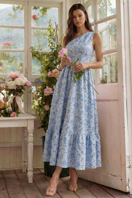 Blue One Shoulder Floral A Line Long Wedding Guest Dress
