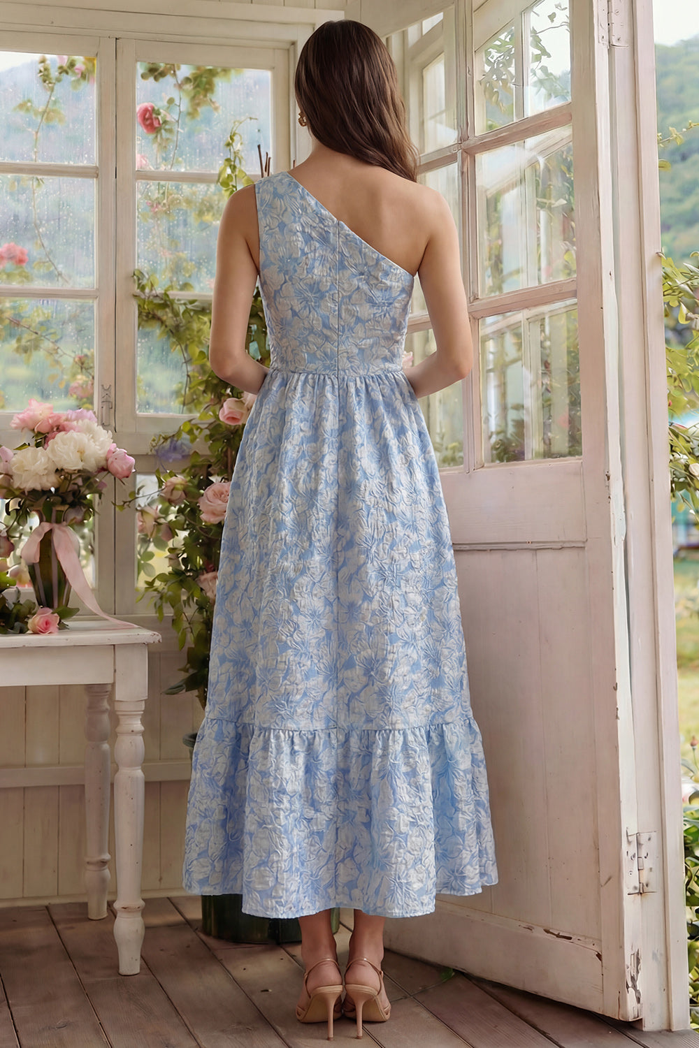 Blue One Shoulder Floral A Line Long Wedding Guest Dress