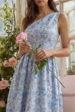 Blue One Shoulder Floral A Line Long Wedding Guest Dress