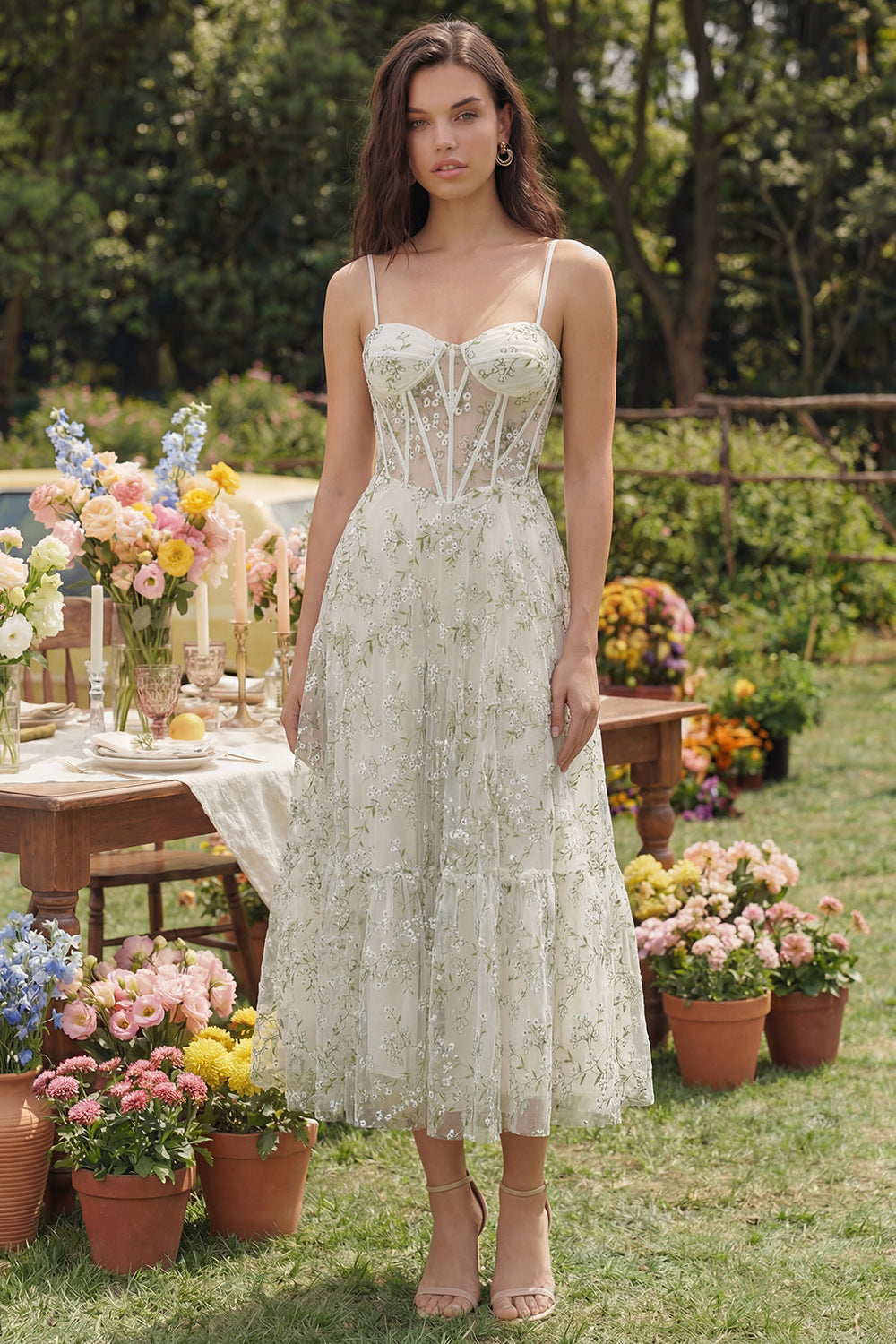Light Green Corset Floral Spaghetti Straps A Line Maxi Wedding Guest Dress