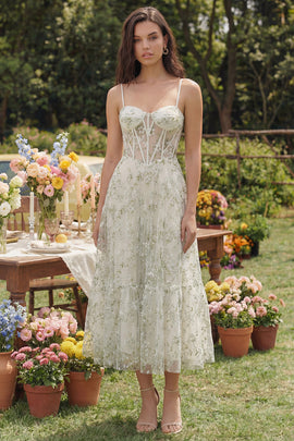 Light Green Corset Floral Spaghetti Straps A Line Maxi Wedding Guest Dress