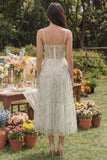 Light Green Corset Floral Spaghetti Straps A Line Maxi Wedding Guest Dress