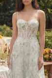 Light Green Corset Floral Spaghetti Straps A Line Maxi Wedding Guest Dress