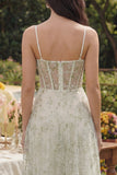 Light Green Corset Floral Spaghetti Straps A Line Maxi Wedding Guest Dress