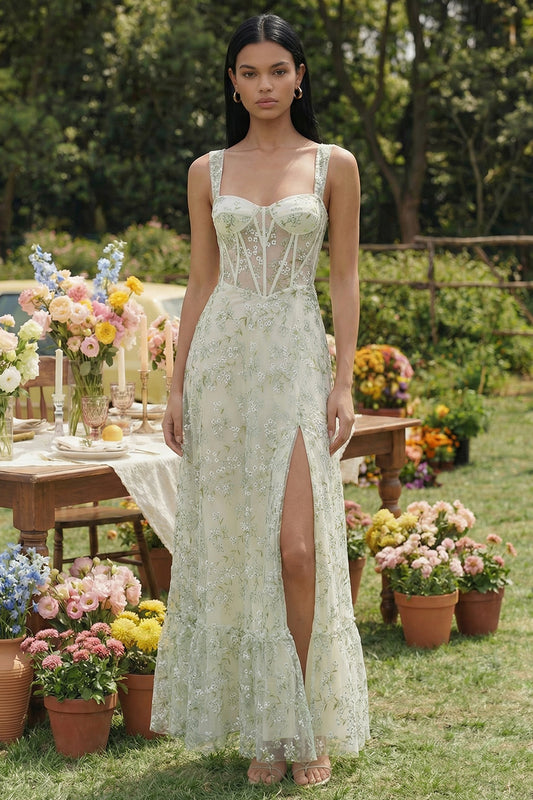 Light Green Corset Long Floral A Line Wedding Guest Dress with Slit