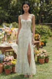 Light Green Corset Long Floral A Line Wedding Guest Dress with Slit
