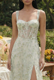 Light Green Corset Long Floral A Line Wedding Guest Dress with Slit