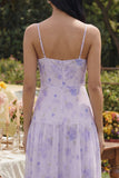 Lilac Floral A Line Spaghetti Straps Maxi Wedding Guest Dress