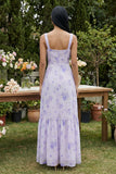 Floral Lilac Long Square Neck A Line Wedding Guest Dress with Slit
