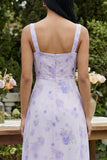 Floral Lilac Long Square Neck A Line Wedding Guest Dress with Slit