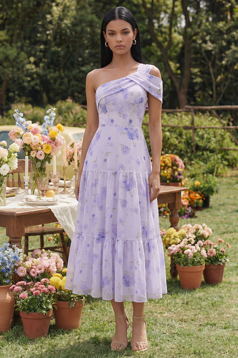 Lilac One Shoulder Floral A Line Maxi Wedding Guest Dress