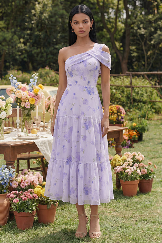 Lilac One Shoulder Floral A Line Maxi Wedding Guest Dress