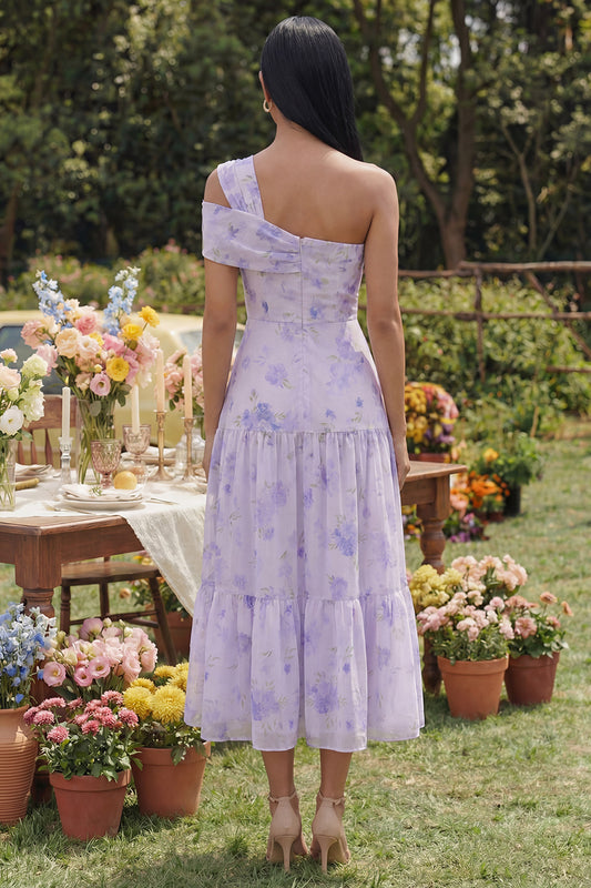 Lilac One Shoulder Floral A Line Maxi Wedding Guest Dress