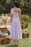 Lilac One Shoulder Floral A Line Maxi Wedding Guest Dress